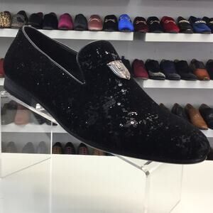 Platini Black Velvet Sequined Shimmer Slip-On Loafer Dress Shoes Men's Size 7